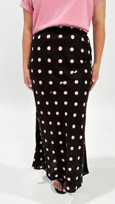 Betty Basics Sable Bias Skirt Pink/Choc Polka Dot