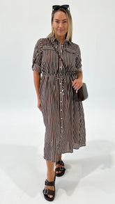 Tie Shirt Dress Chocolate Stripe