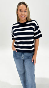 Betty Basics Libby Boxy Top Navy Stripe