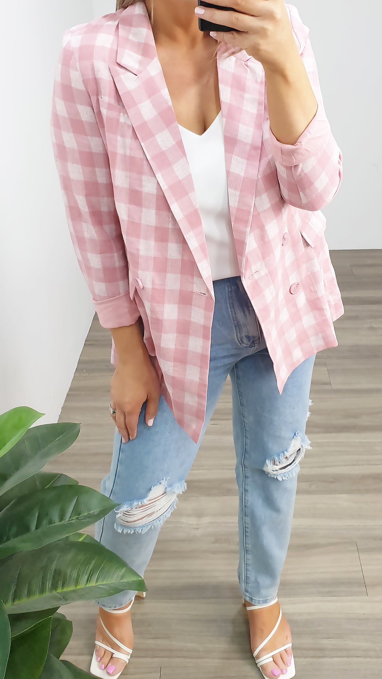 Pink checked outlet boyfriend blazer