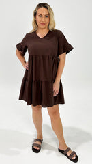 Sienna Frill Sleeve Tiered Dress Chocolate
