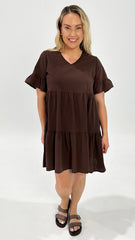 Sienna Frill Sleeve Tiered Dress Chocolate
