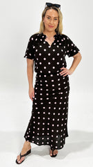 Betty Basics Joanne Blouse Pink/ Choc Polka Dot